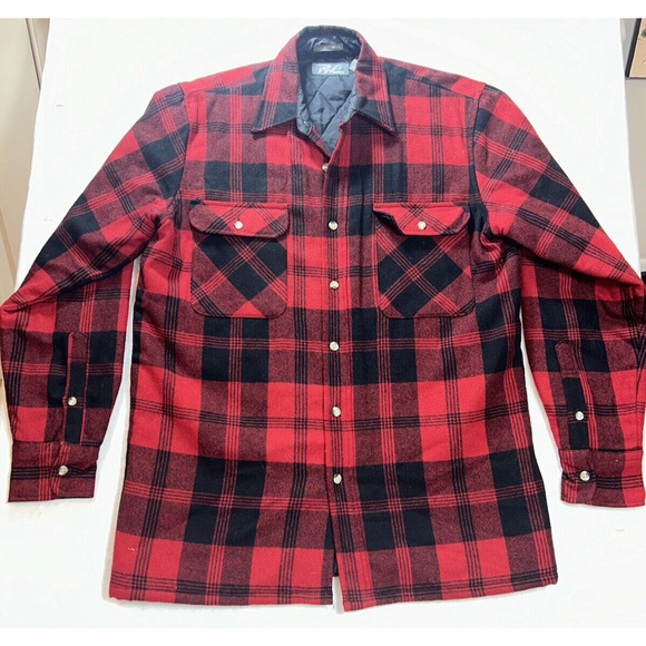 Lord & Taylor Outdoor Men's Med Red Black buffalo Plaid wool blend Shirt Jacket - Picture 1 of 6